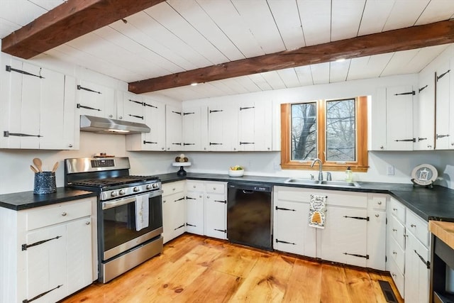 kitchen with white cabinetry, dishwasher, stainless steel range with gas cooktop, and sink