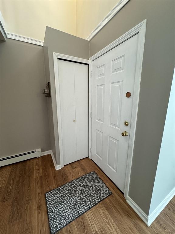 entrance foyer with wood finished floors, baseboards, and baseboard heating