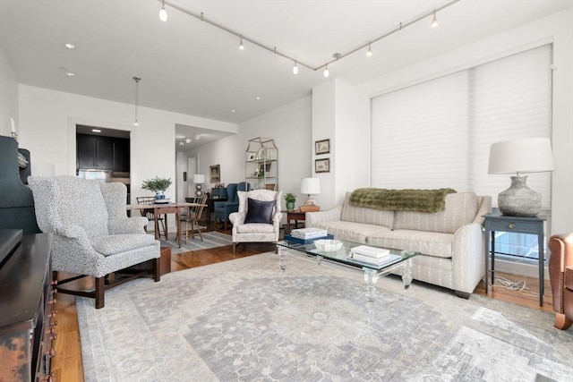 living room featuring track lighting and wood finished floors