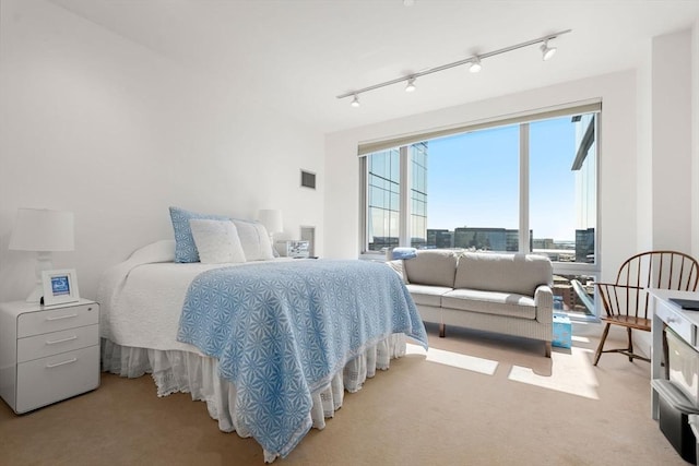 bedroom featuring carpet floors, rail lighting, and visible vents
