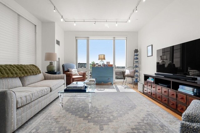 living area featuring wood finished floors and rail lighting