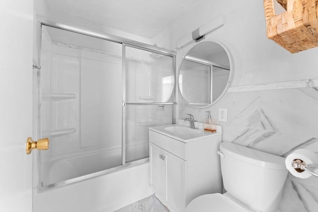 108 Oak Ln Unit 3, Brockton, MA 02301 - bathroom featuring toilet, vanity, bath / shower combo with glass door, and marble finish floors