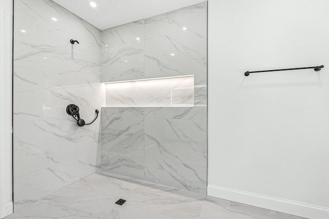 full bath with recessed lighting, marble finish floor, baseboards, and a marble finish shower