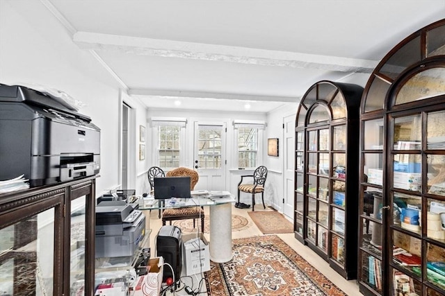 office with crown molding and beam ceiling