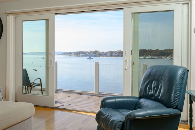 living area with a water view and light hardwood / wood-style floors