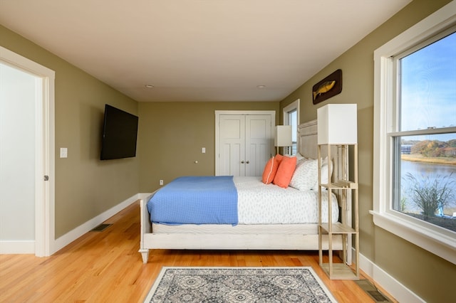 bedroom featuring a closet, multiple windows, and hardwood / wood-style flooring