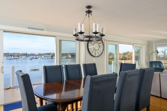 5 Oak Hill Rd, Wareham, MA 02571 - dining area with a chandelier, a water view, and light wood finished floors