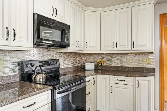 16 Sheldon Ave, Easthampton, MA 01027 - kitchen with black microwave, stainless steel electric range oven, backsplash, white cabinetry, and dark stone counters