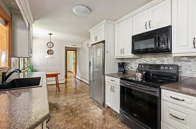16 Sheldon Ave, Easthampton, MA 01027 - kitchen with black appliances, backsplash, white cabinetry, and a baseboard heating unit