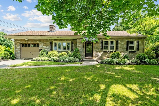 16 Sheldon Ave, Easthampton, MA 01027 - ranch-style home featuring stone siding, a garage, a front lawn, driveway, and a chimney