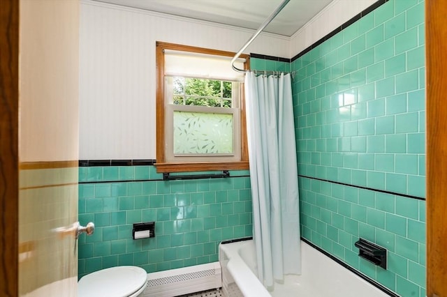 16 Sheldon Ave, Easthampton, MA 01027 - full bath with tile walls, a baseboard heating unit, shower / bath combination with curtain, ornamental molding, and tile patterned floors