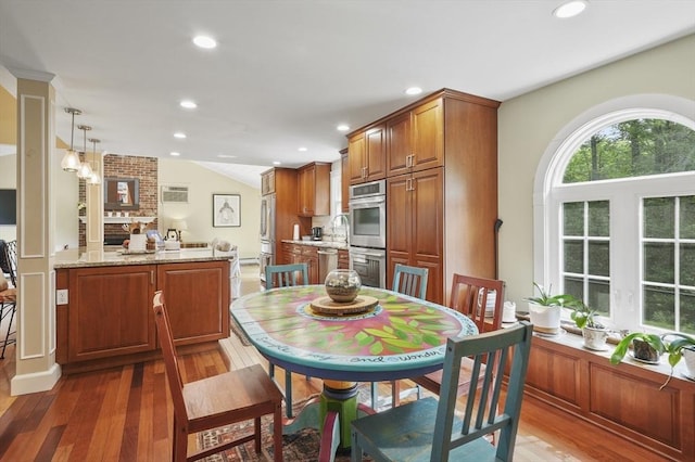 6 Lous Dr, Dudley, MA 01571 - dining area featuring dark wood finished floors, lofted ceiling, and recessed lighting