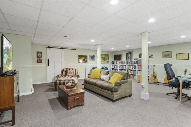 6 Lous Dr, Dudley, MA 01571 - carpeted living room featuring a barn door, recessed lighting, and an office area