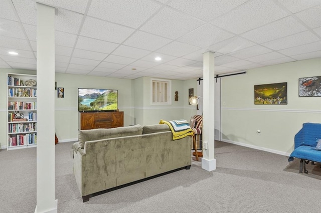 6 Lous Dr, Dudley, MA 01571 - carpeted living area featuring a barn door, a drop ceiling, and recessed lighting