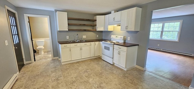 1 Wysocki Dr Unit 9, Dudley, MA 01571 - kitchen featuring white electric range oven, a sink, dark countertops, baseboard heating, and open shelves
