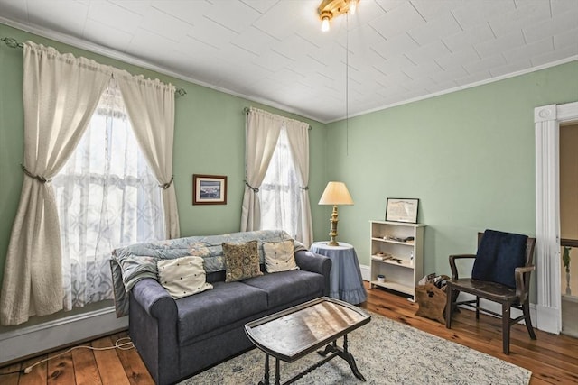 living room with crown molding and wood-type flooring