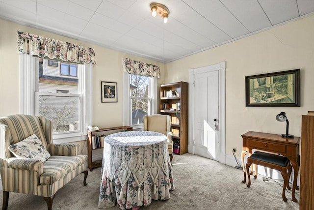 sitting room featuring light colored carpet