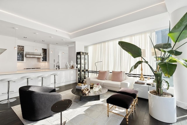 living room featuring hardwood / wood-style floors and sink