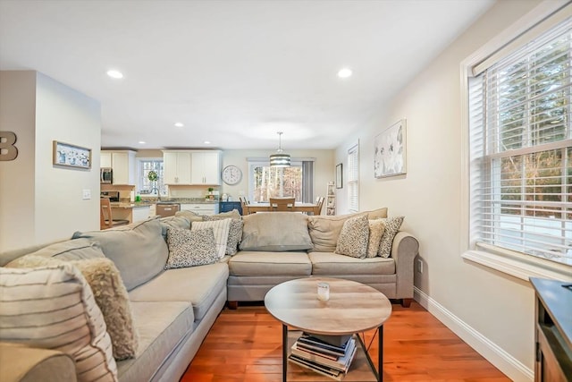 living room with hardwood / wood-style flooring and sink