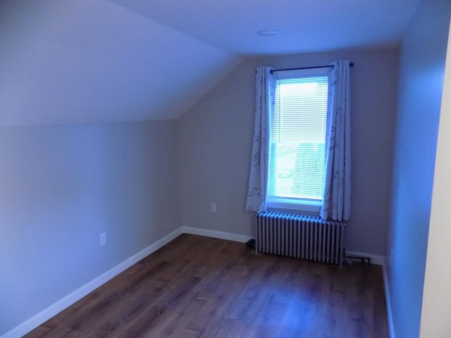 additional living space with radiator heating unit, healthy amount of natural light, lofted ceiling, and wood finished floors