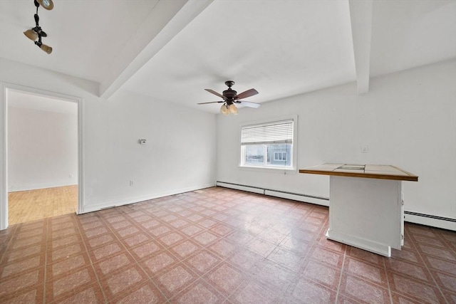 unfurnished living room featuring baseboard heating and ceiling fan