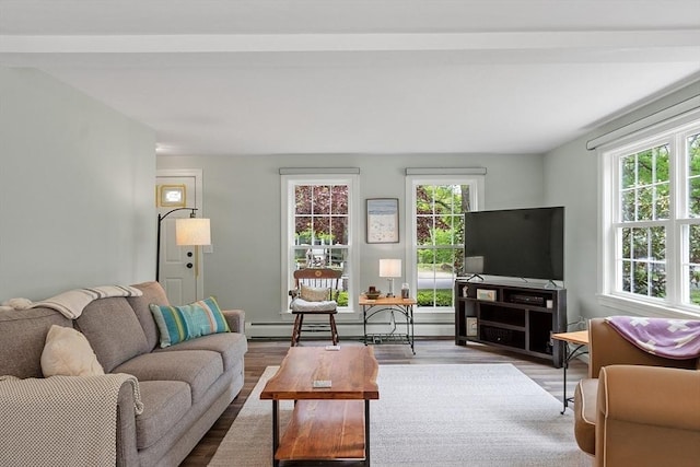 living area featuring plenty of natural light, a baseboard radiator, and wood finished floors
