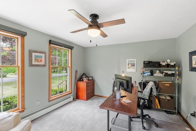 carpeted home office with a baseboard radiator, a ceiling fan, and baseboards