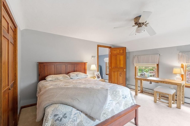 bedroom featuring lofted ceiling, light colored carpet, ceiling fan, and a baseboard radiator