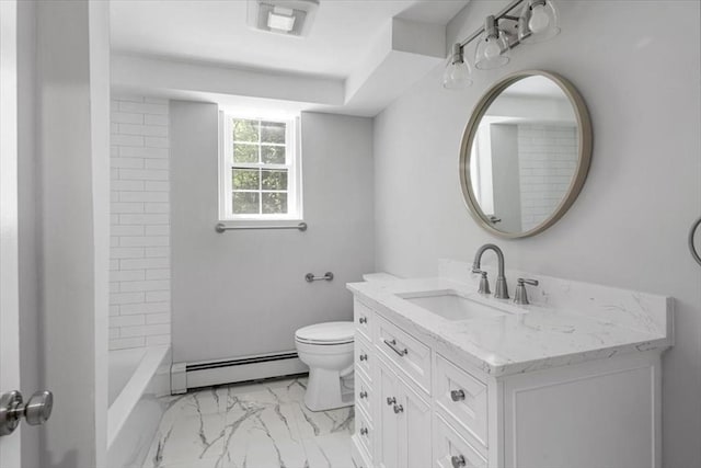 bathroom featuring baseboard heating, marble look tile flooring, toilet, and vanity