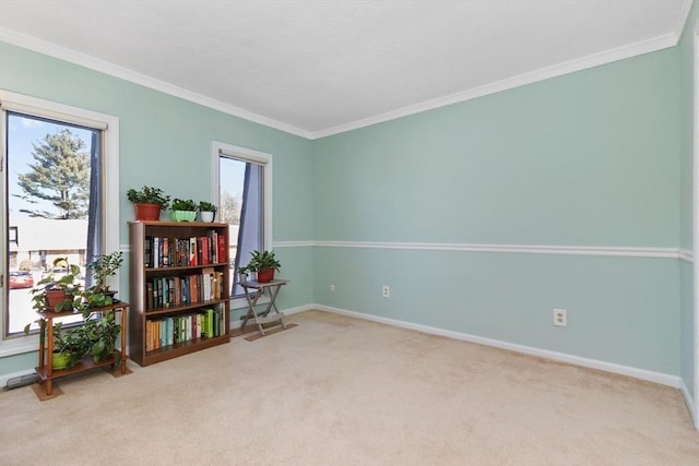 interior space featuring ornamental molding, a wealth of natural light, and light colored carpet