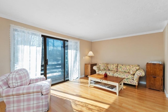 living area featuring crown molding, baseboards, and wood finished floors