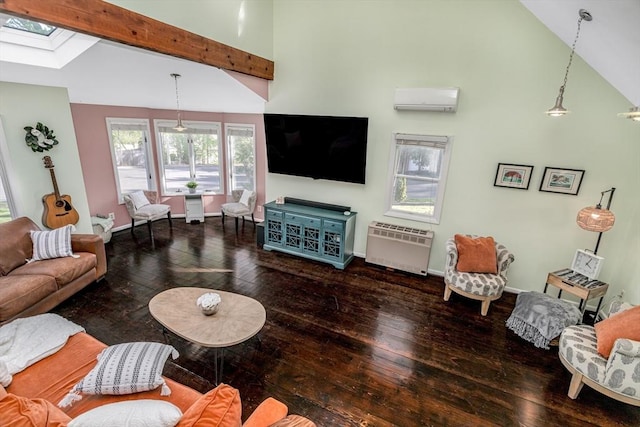 living room featuring a skylight, high vaulted ceiling, an AC wall unit, heating unit, and hardwood / wood-style floors