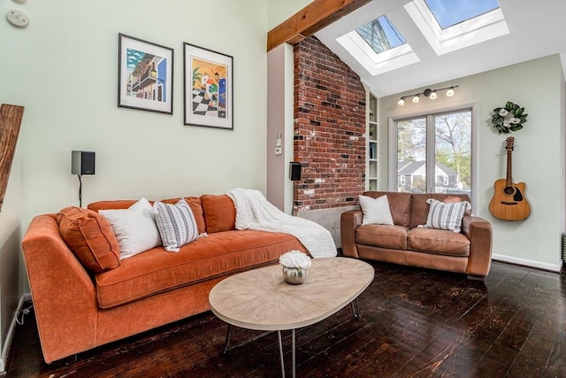 living room featuring a skylight, beam ceiling, baseboards, high vaulted ceiling, and hardwood / wood-style floors