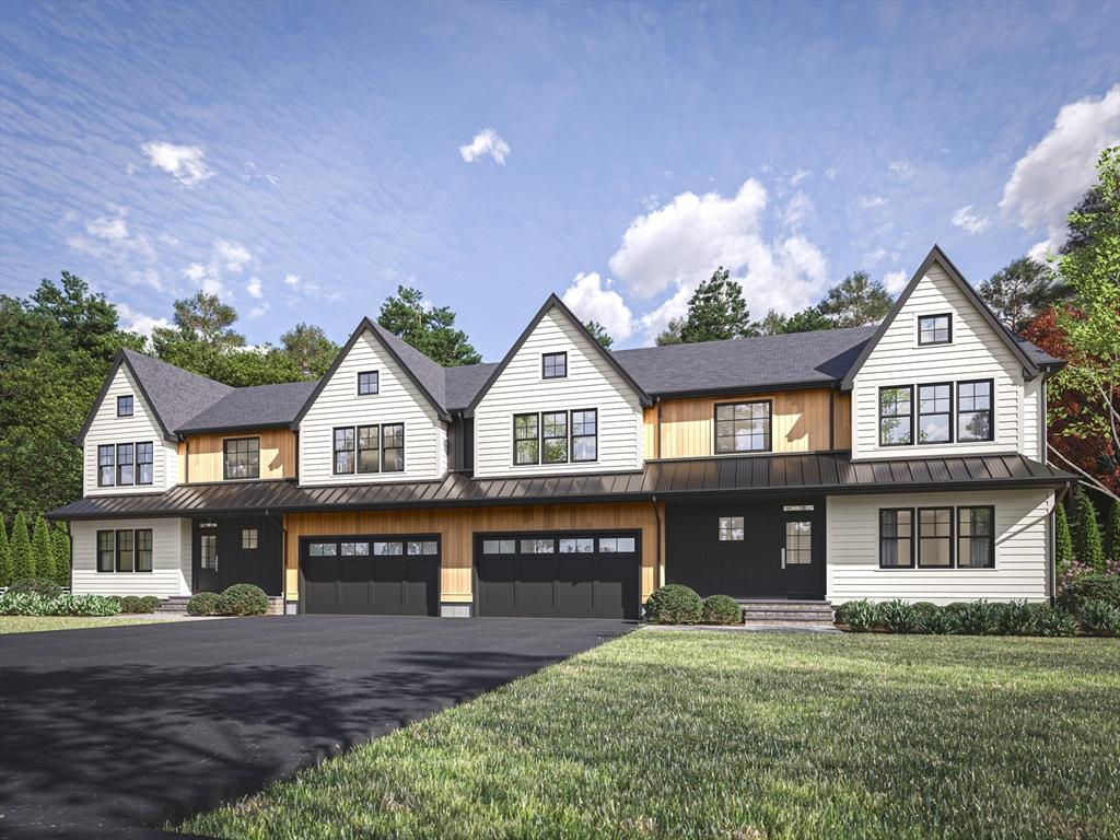 33A Stacey St Unit A, Natick, MA 01760 - view of front of property featuring a standing seam roof, driveway, an attached garage, a front lawn, and board and batten siding