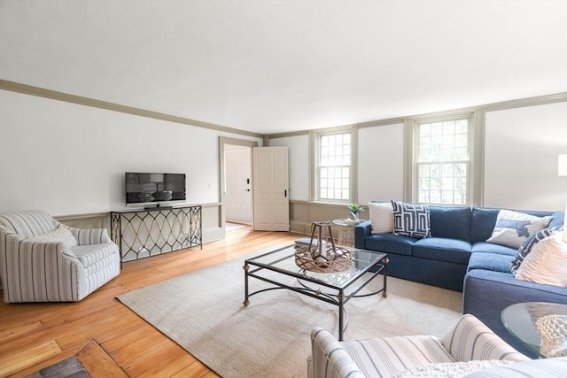 living room featuring crown molding and light wood-type flooring