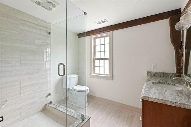 bathroom with vanity, an enclosed shower, and toilet