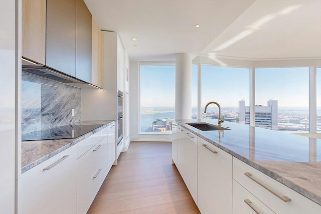 240 Devonshire St Unit 3708, Boston, MA 02110 - kitchen featuring a sink, black electric stovetop, light wood-style floors, light stone countertops, and modern cabinets