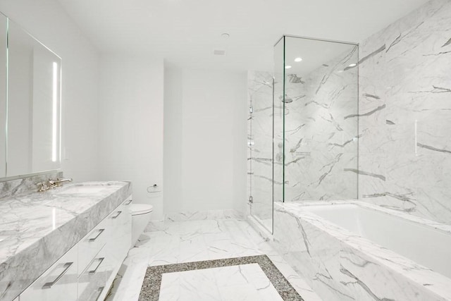 240 Devonshire St Unit 3708, Boston, MA 02110 - bathroom with a bath, a marble finish shower, vanity, toilet, and marble tiled flooring