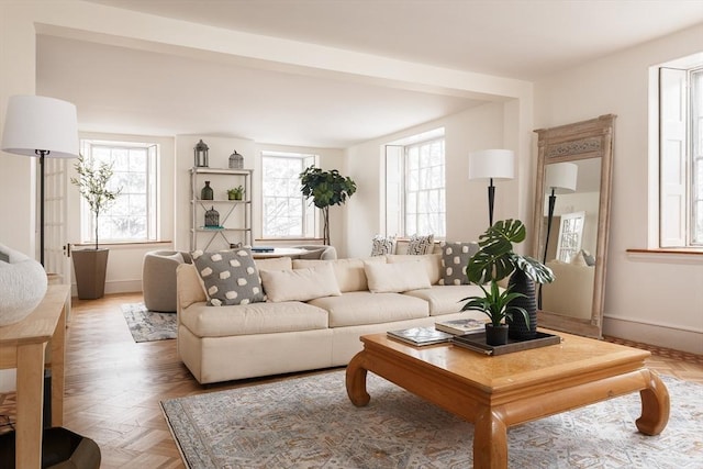 living room featuring light parquet flooring