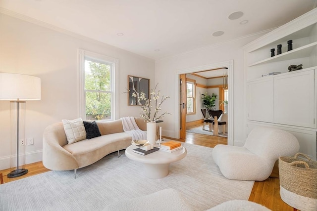 living room with crown molding, light wood finished floors, baseboards, and a healthy amount of sunlight