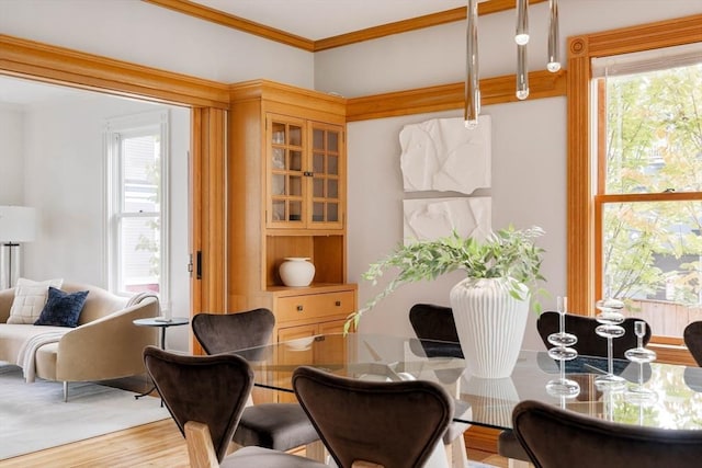 living area featuring light wood finished floors, plenty of natural light, and crown molding