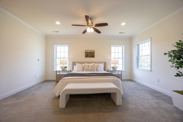 3 Lexington Dr, Walpole, MA 02032 - carpeted bedroom with baseboards, ornamental molding, recessed lighting, and ceiling fan