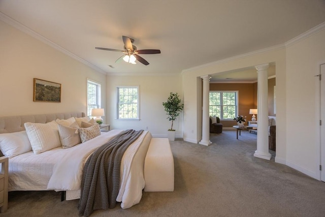 3 Lexington Dr, Walpole, MA 02032 - carpeted bedroom with ornate columns, ornamental molding, baseboards, and a ceiling fan