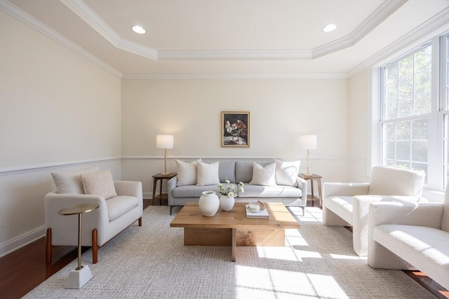 3 Lexington Dr, Walpole, MA 02032 - living room featuring a raised ceiling, ornamental molding, wood finished floors, and recessed lighting