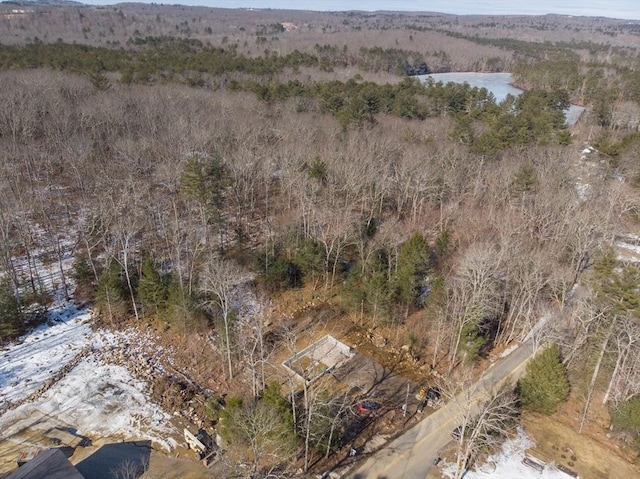 drone / aerial view featuring a wooded view and a water view