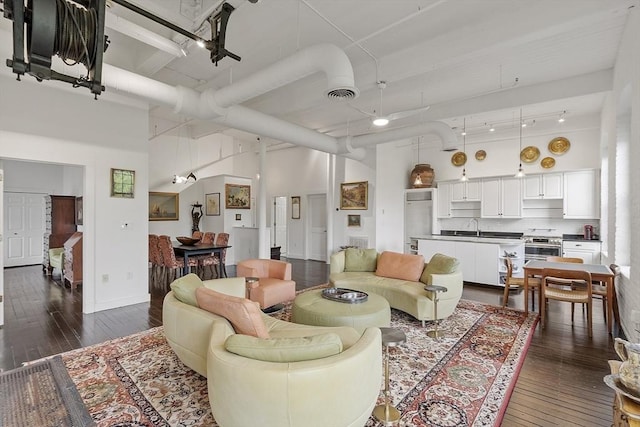 150 Moody St Unit 34, Waltham, MA 02453 - living area featuring a high ceiling and dark wood-style flooring