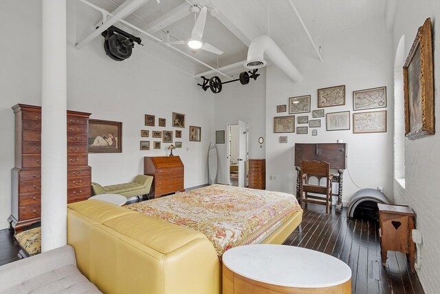 150 Moody St Unit 34, Waltham, MA 02453 - bedroom featuring high vaulted ceiling, beam ceiling, and dark wood finished floors