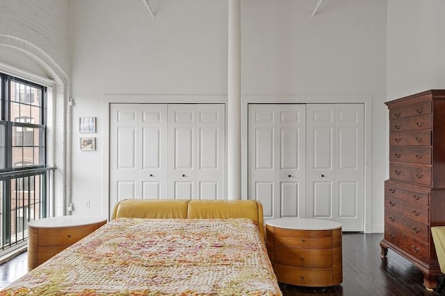 150 Moody St Unit 34, Waltham, MA 02453 - bedroom with a towering ceiling, two closets, and dark wood-style floors