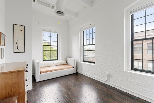 150 Moody St Unit 34, Waltham, MA 02453 - sitting room with healthy amount of natural light, beam ceiling, dark wood-style floors, and brick wall