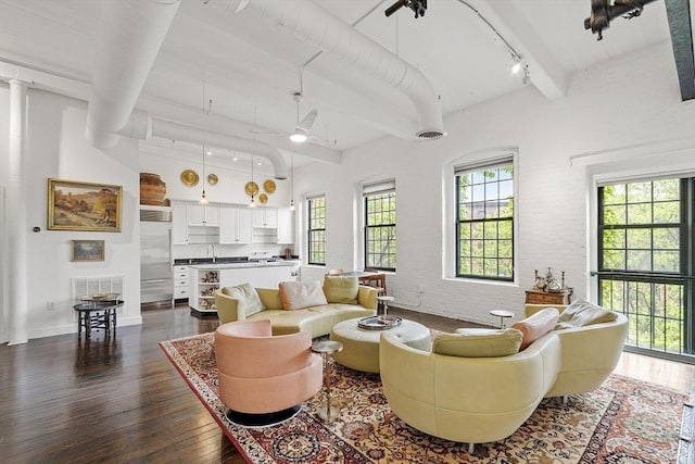 150 Moody St Unit 34, Waltham, MA 02453 - living room with ceiling fan, dark wood-type flooring, rail lighting, beam ceiling, and baseboards